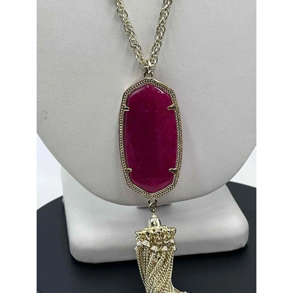 Kendra Scott Rayne Magenta Maroon Jade Tassel‎ Gold Plated Long Necklace